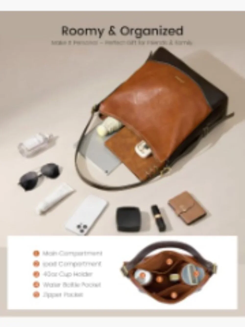 Women's Soft Faux Leather Hobo Bag Crossbody with Cup Holder and Initial Charm